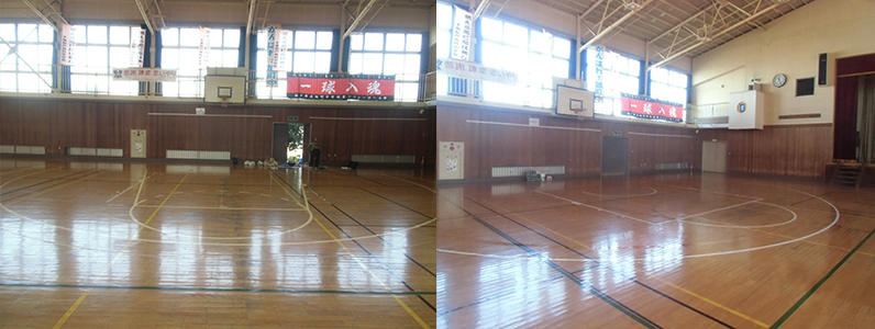 千葉県・某中学校のバスケットボールコートライン変更工事になります。左の写真はバスケットボールコートライン旧ルールデザイン・右の写真はバスケットボールコートライン変更後の新ルールデザインとなります。