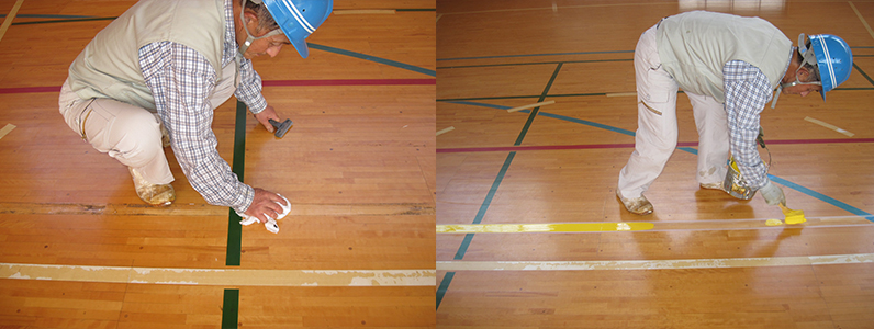 左の写真はフローリングに付着した汚れを取り除いているようすです。右の写真はバレーボールコートライン引きのようすです。