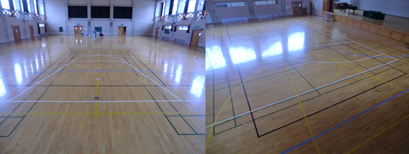 バスケットボールコートライン変更前の写真です。メインのバスケットボールコートラインは白1面、サブのバスケットボールコートラインは黄色2面となります。今回はこのメインとサブ3面の部分的な改線を行います。