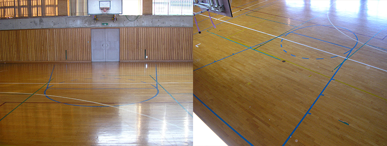 施工前のようすです。ミニバスケットボールコートラインは改線の対象になりません。視認性を回復するための工事になります。