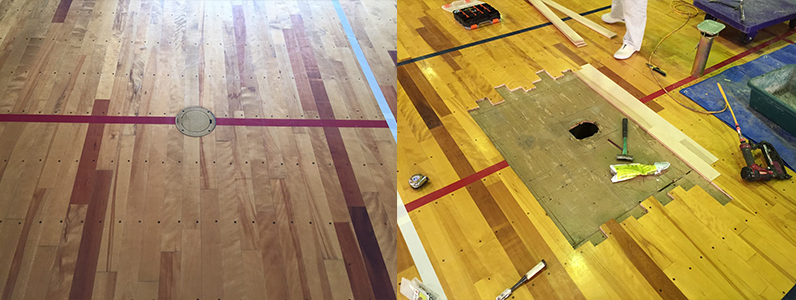 体育館床金具改修のようすです。左の写真は施工前の古い床金具、右の写真は床金具改修のせこうのようすです。